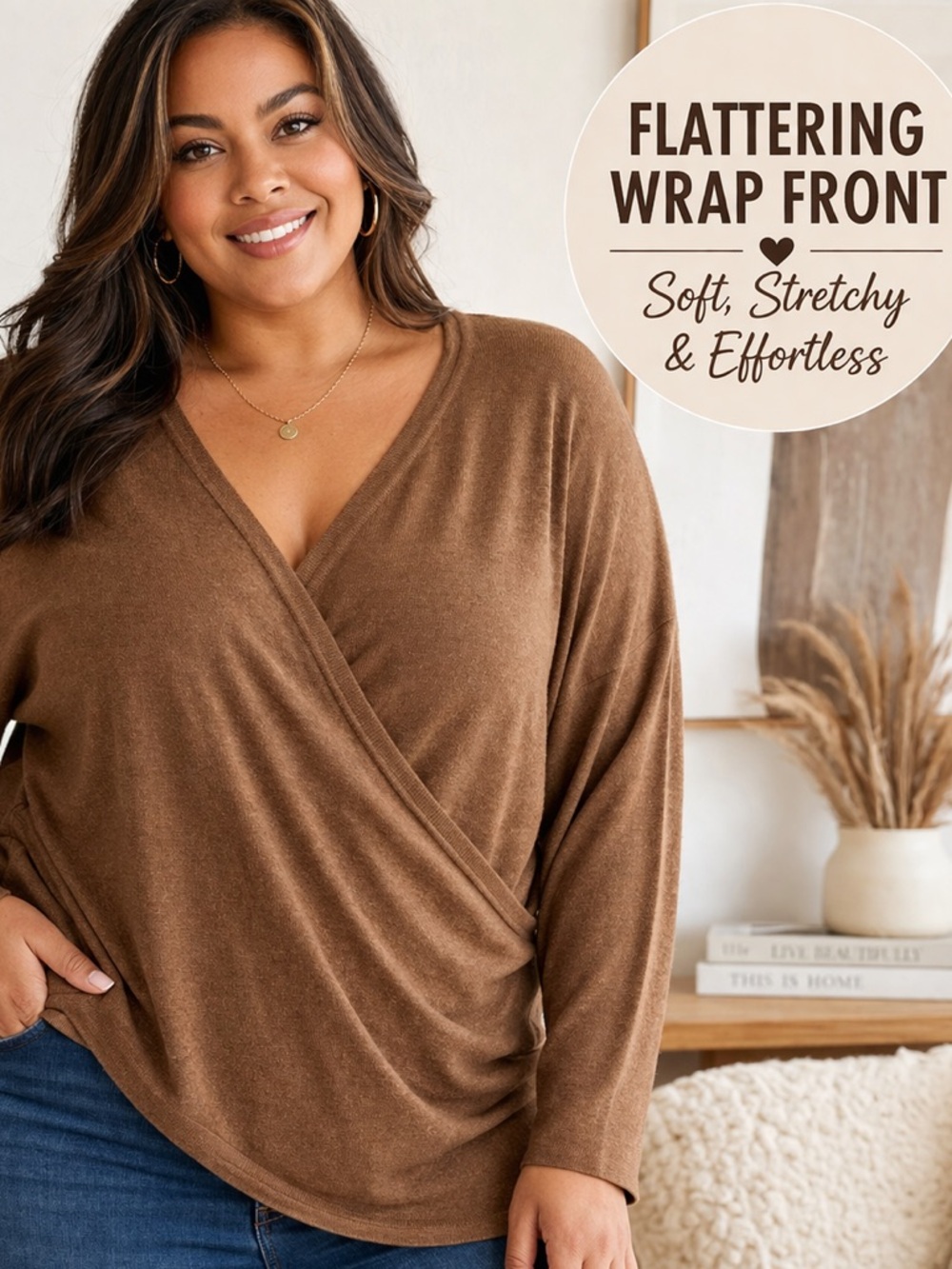 Eloquii Wrap Front V- Neck Sweater Top Brown Womens 18/20 Soft Stretch Knit Wool
